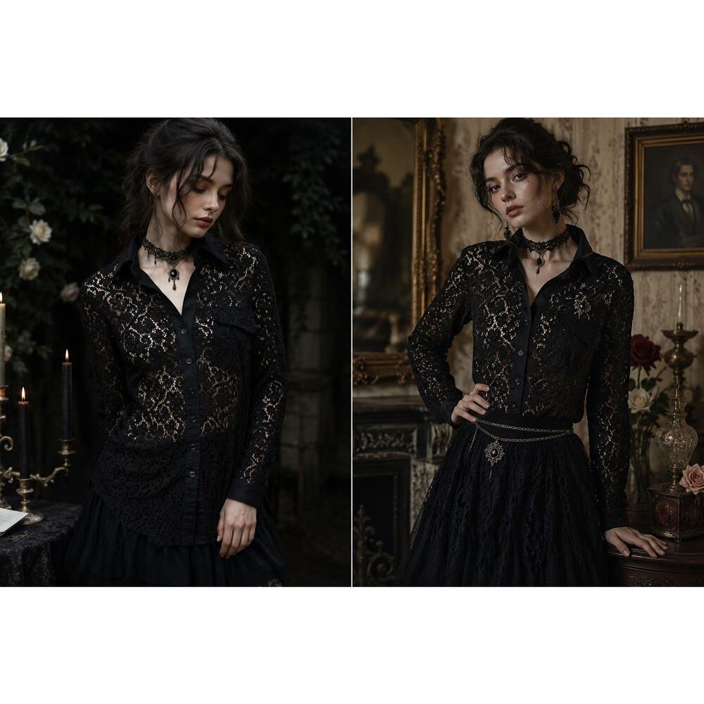 Finley Black Lace Long Sleeve Button Shirt Sz Small Whimsy Goth Dark Romantic